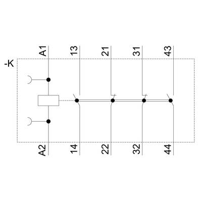 Circuit diagram of an electrical relay with four switching contacts. Terminals A1 and A2 are connected to a coil.