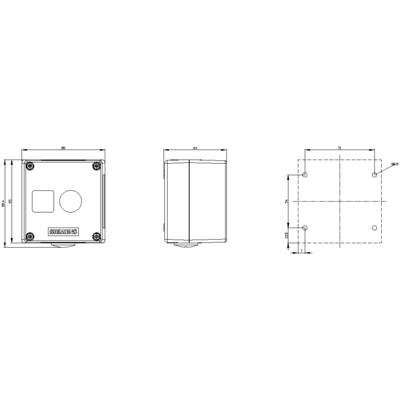 Technical drawing of a rectangular enclosure with front and side views, showing dimensions in millimetres and drilling positions.