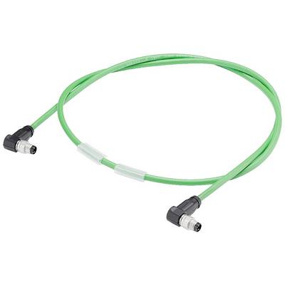 A green, angled data cable with two connectors at each end, suitable for industrial applications or networks.