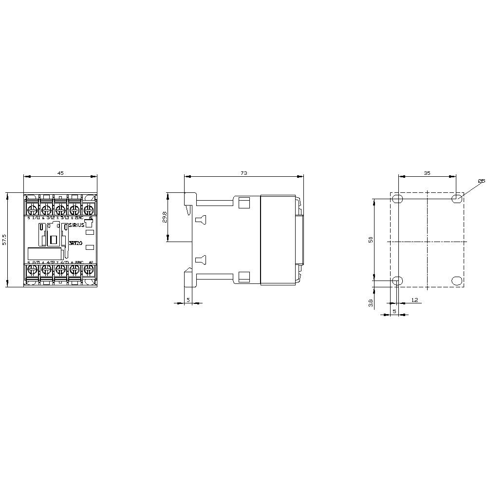 Technical drawing of an electrical relay with front, side, and top views, including dimensions in millimetres.