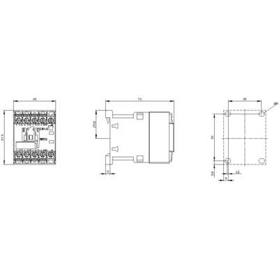 Technical drawing of an electrical relay with front, side, and top views, including dimensions in millimetres.