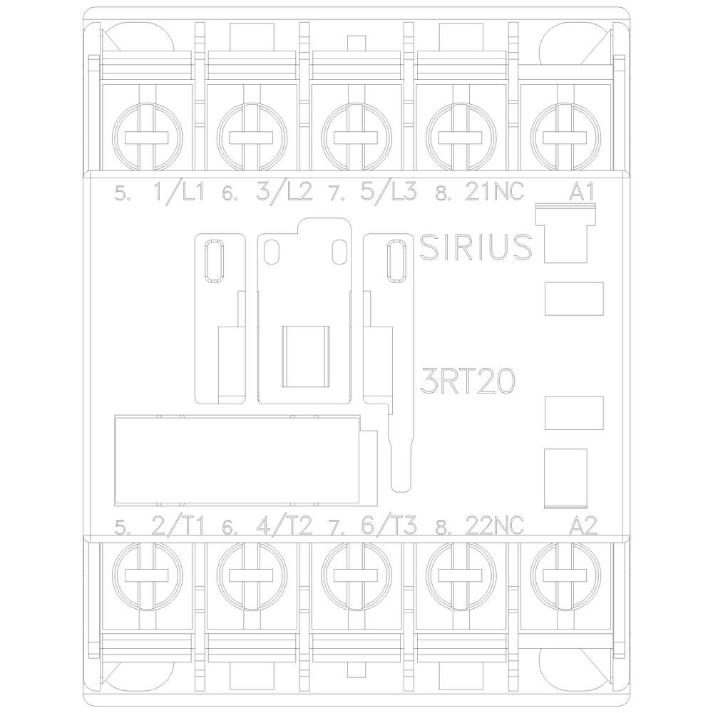 The image depicts a technical drawing of a relay module with labels such as 'SIRIUS' and '3RT20'. Connection points are marked.
