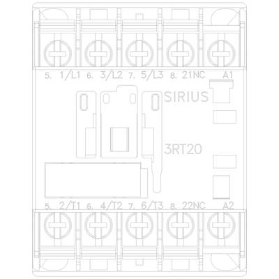 The image depicts a technical drawing of a relay module with labels such as 'SIRIUS' and '3RT20'. Connection points are marked.