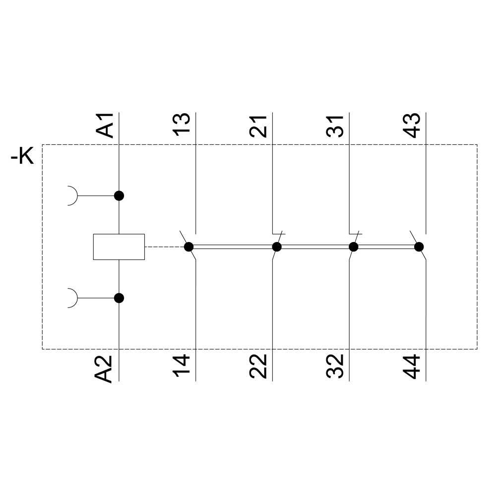 Circuit diagram of an electrical relay with coil connection 'A1', multiple switching contacts and connections, numbered from '13' to '44'.