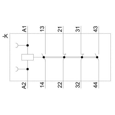 Circuit diagram of an electrical relay with coil connection 'A1', multiple switching contacts and connections, numbered from '13' to '44'.