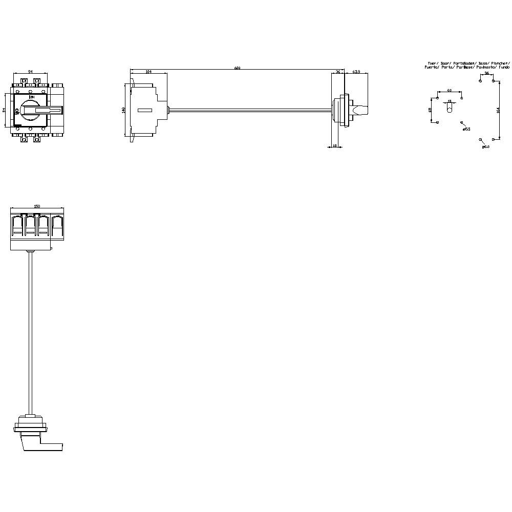 Technical drawing of a mechanical component showing different views, dimensions, and labels.