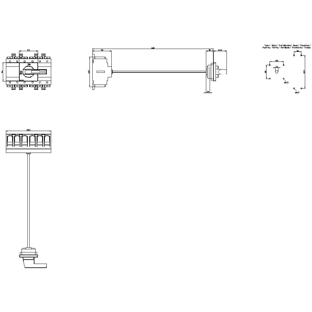 Technical drawing showing three views of a mechanical device with gears, shafts and mountings. Dimensions are indicated.