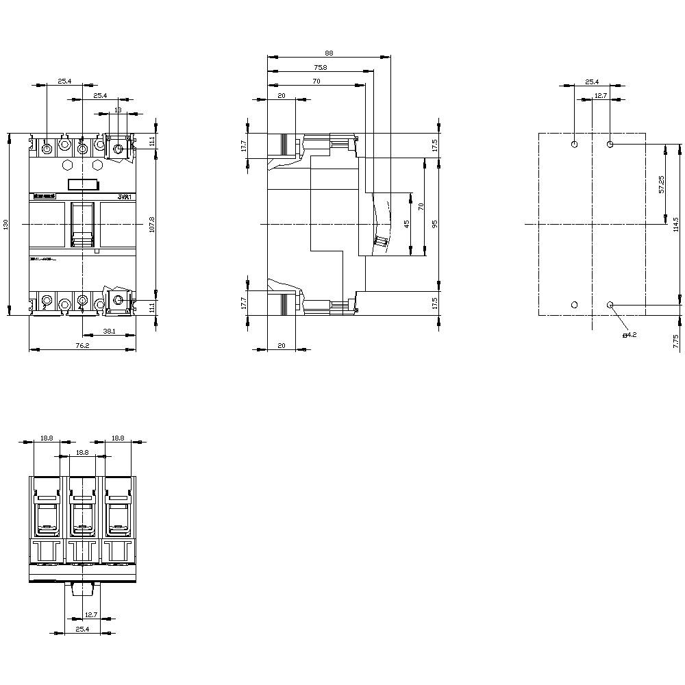 Technical drawing of an electrical switch with dimensions in millimetres, showing multiple views: front view, side view, and internal view.