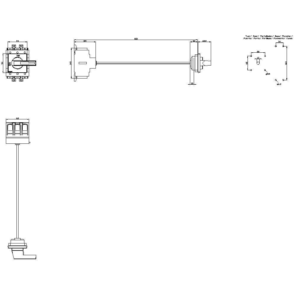 Technical drawing of a mechanical component with multiple views. Shows dimensions, proportions, and connection points.