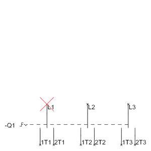 Schematic of an electrical circuit with nodes L1, L2, L3, each connected to T1, T2, T3. Connection -Q1 shows a crossed-out element.