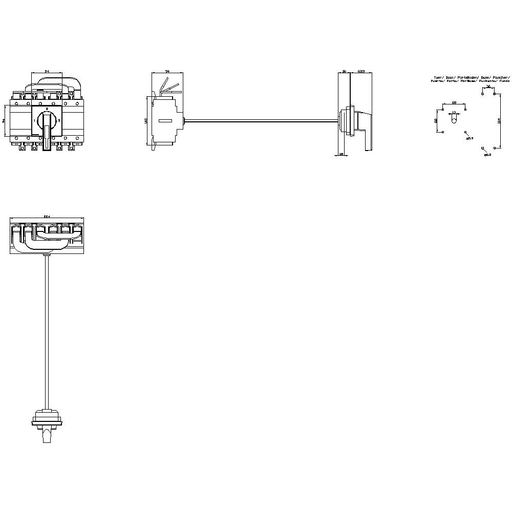 Technical drawing of a mechanical component with three views: front view, side view, top view. Dimensional specifications included.