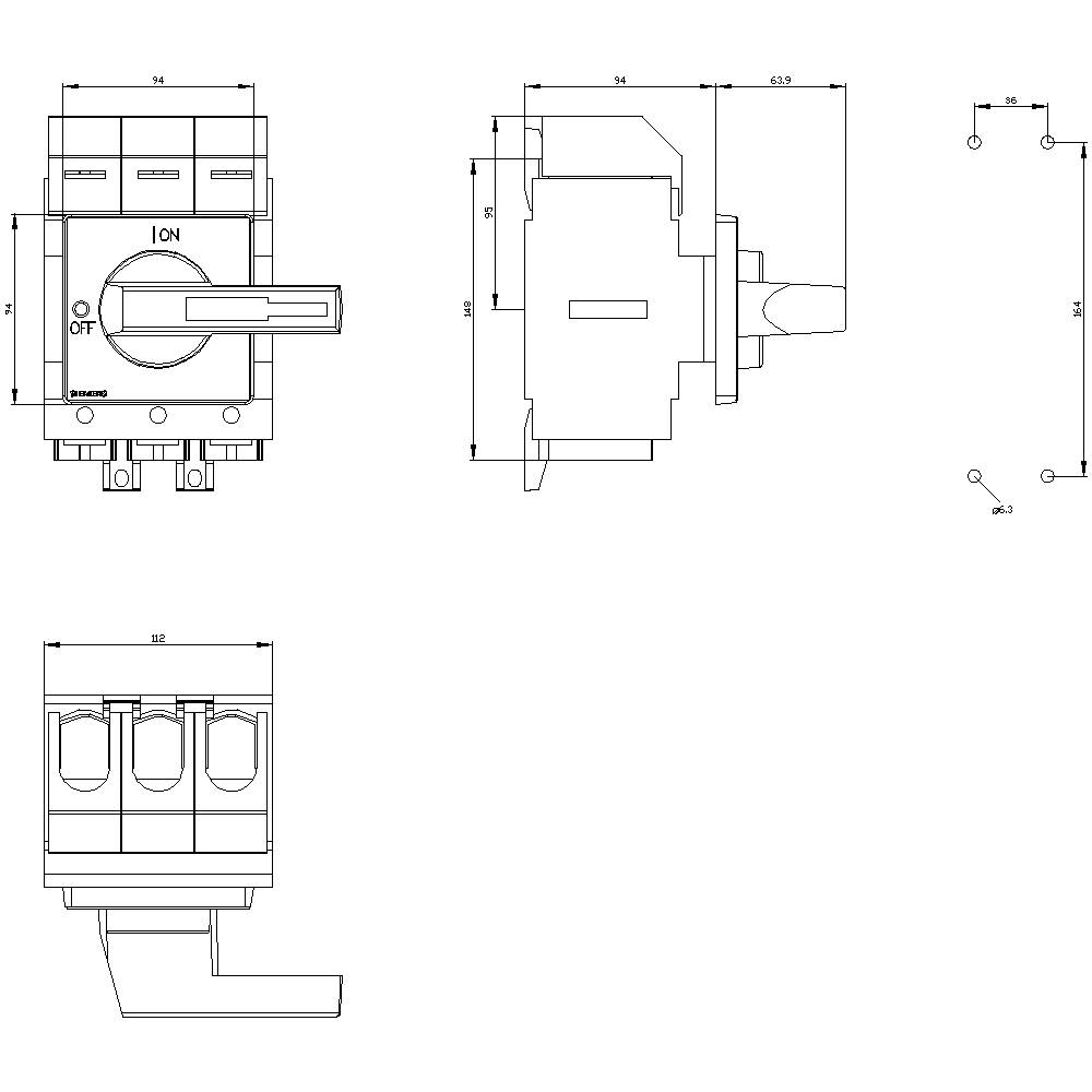 Technical drawing of a switch with three perspectives: front view, side view, and top view. Dimensions and details are shown.