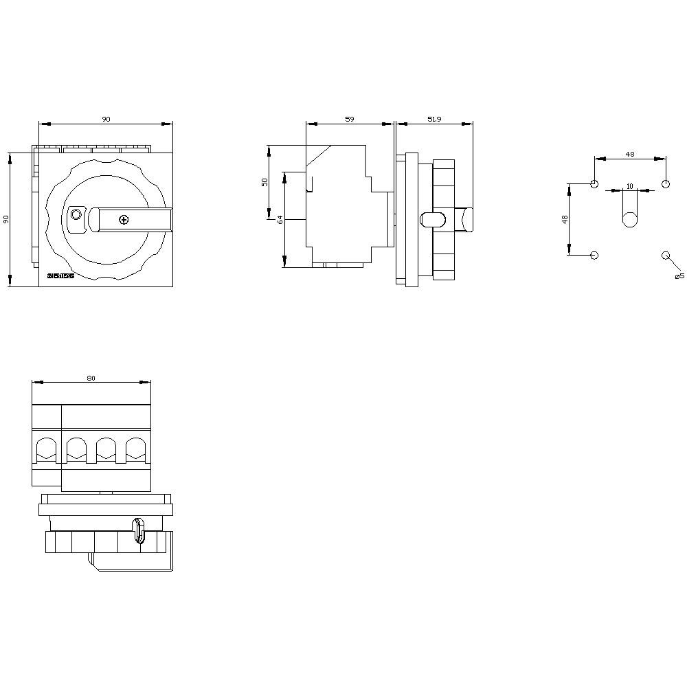 Technical drawing of a switch with multiple views: front view, side view, and cross-section. Dimensions in millimetres.