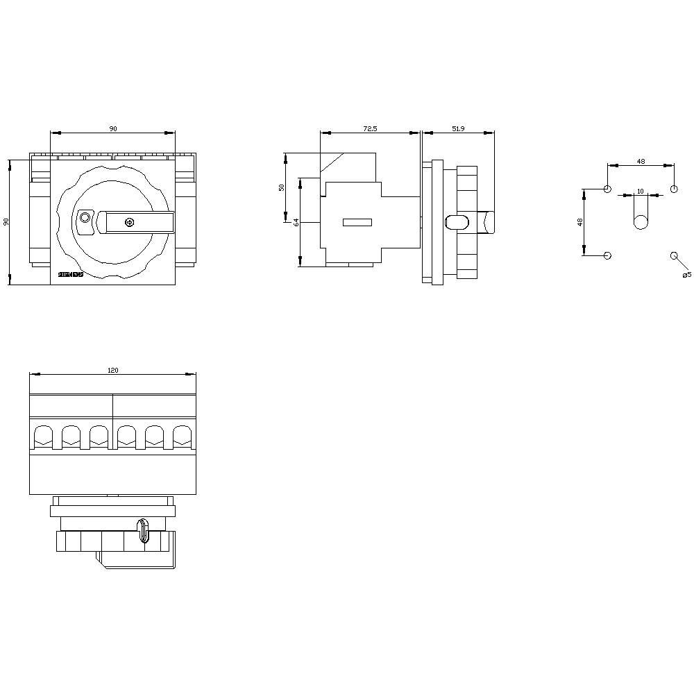 Technical drawing of a mechanical component with dimensional specifications in millimetres, displaying various views and details of the component.