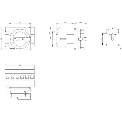 Technical drawing of a mechanical component with dimensional specifications in millimetres, displaying various views and details of the component.
