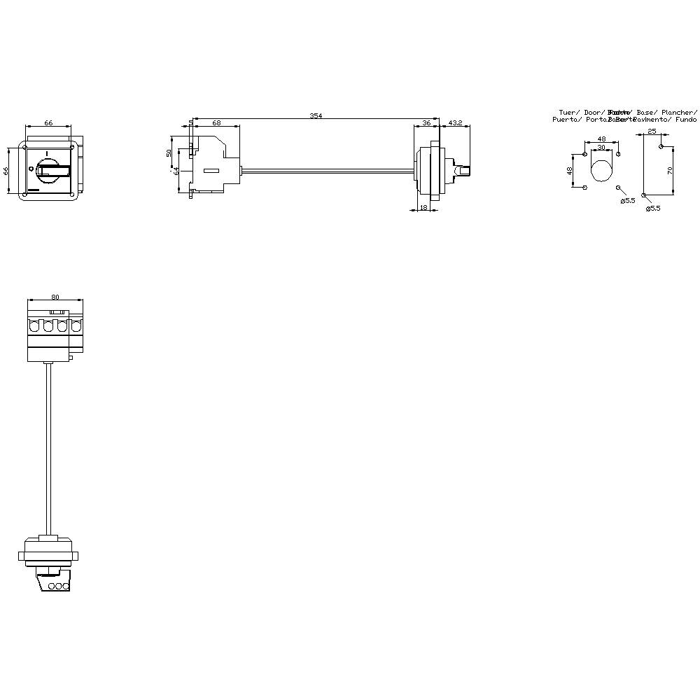 Technical drawing of a mechanical component with multiple views and dimensions. Shows a cylindrical object with connecting elements.