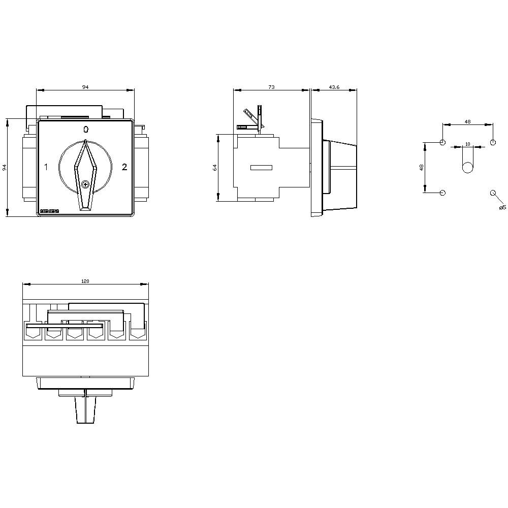 Technical drawing of a switch with dimensions in millimetres. Shows front, side, and top views along with connection details.