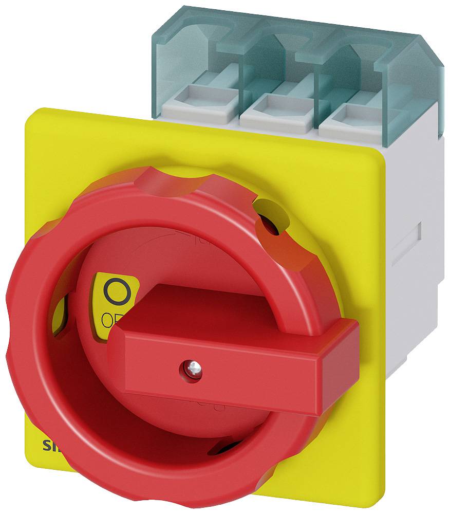 A red emergency stop switch on a yellow background, used in electrical systems for safety isolation.