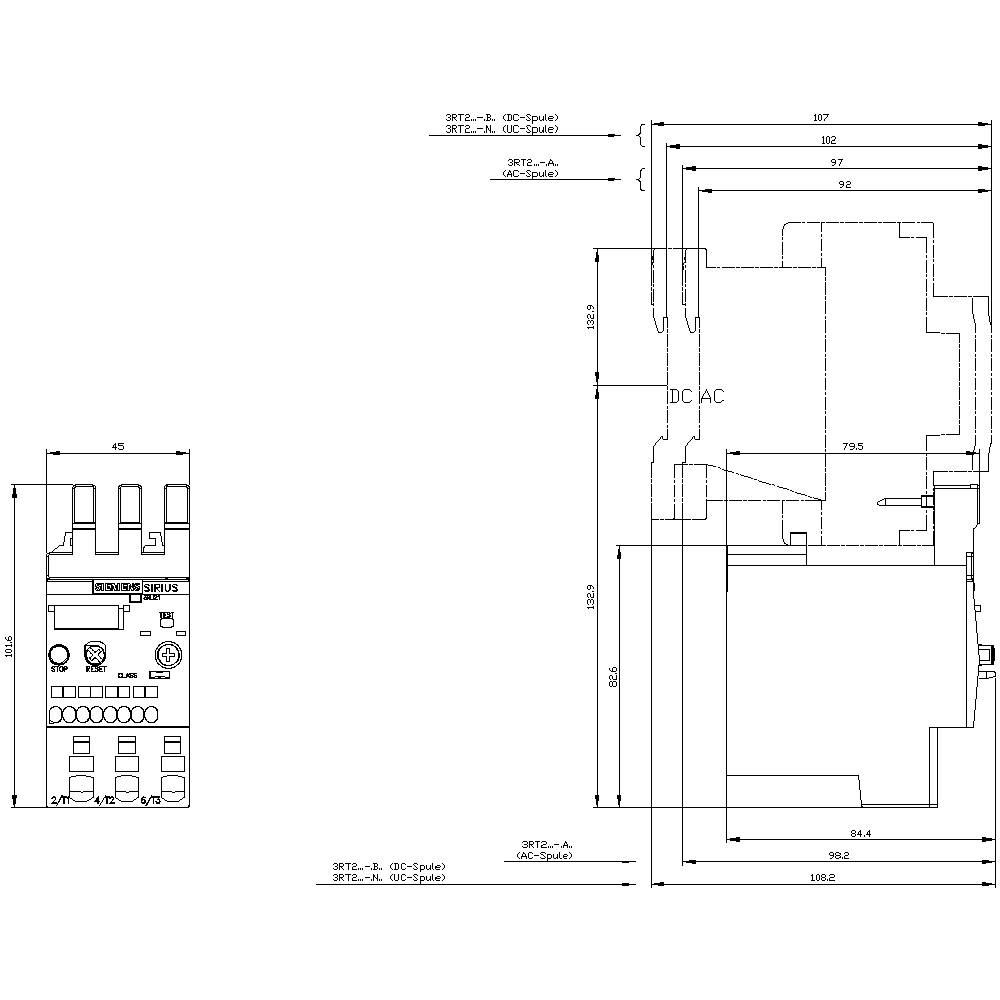 'Technical drawing of an electrical component with dimensions in millimetres. Shows front and side view with detailed markings.'