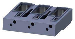 A grey metal block with three rectangular recesses and several round holes, possibly a technical component.
