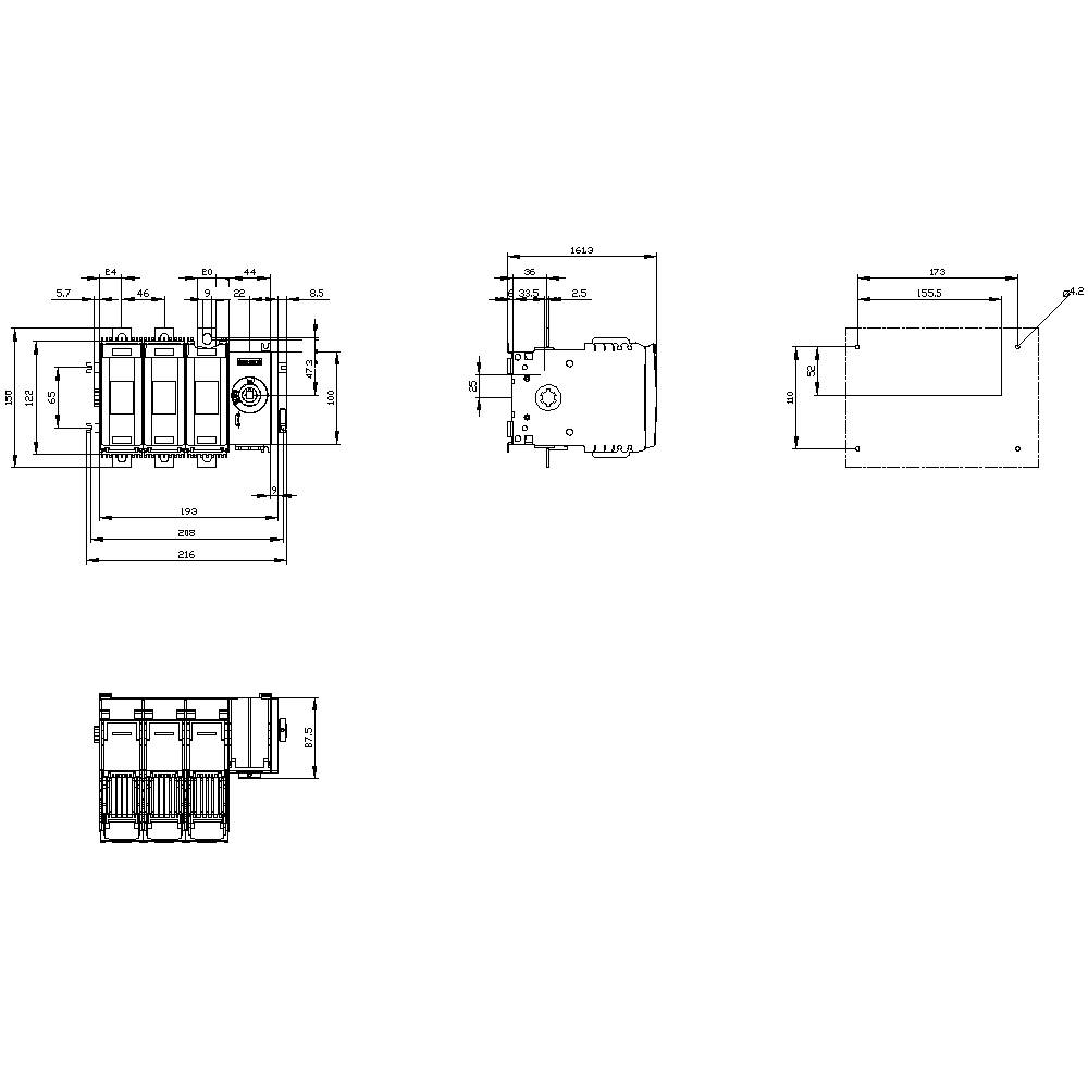 Technical drawing of an electrical switch with detailed dimensions and placement measurements.
