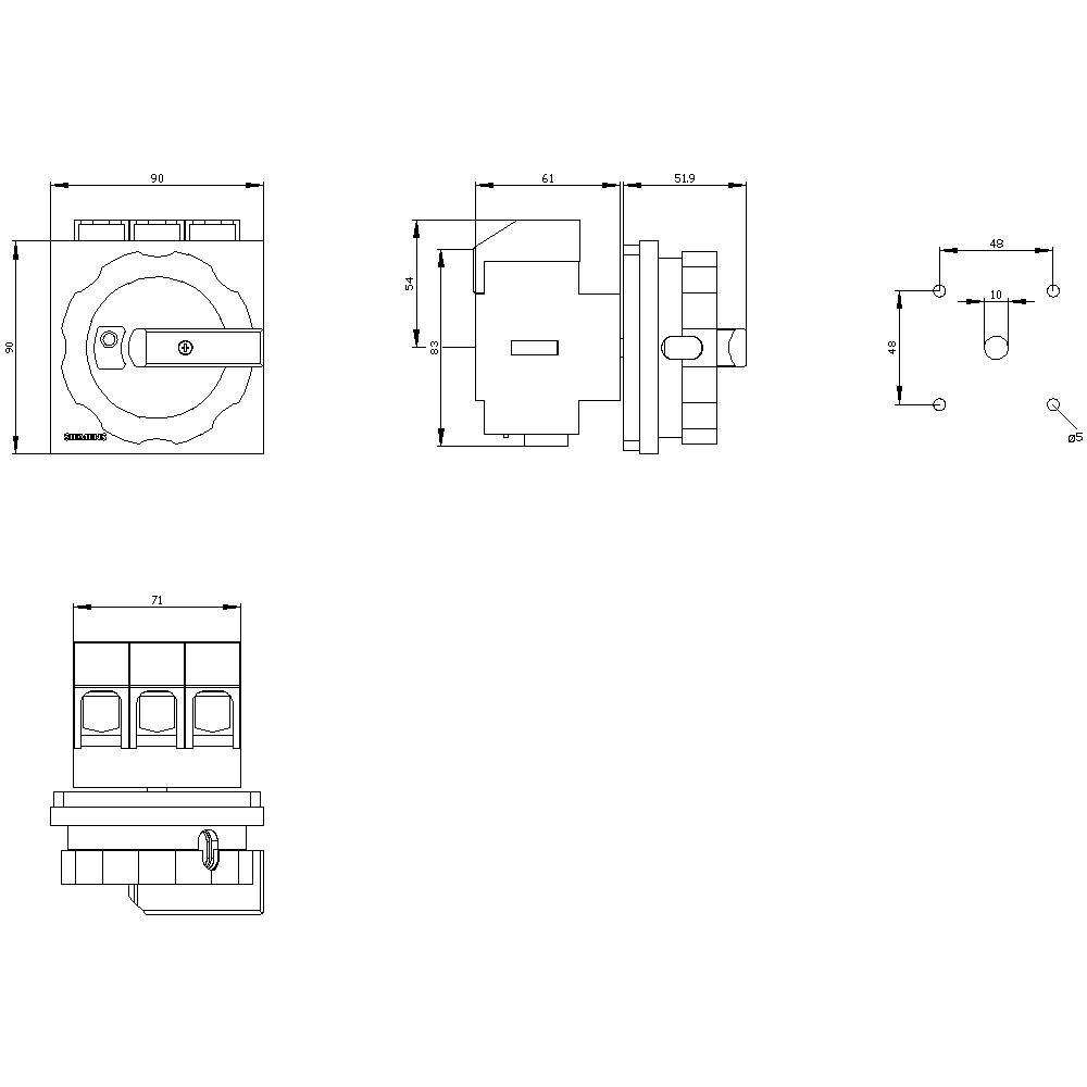 Technical drawing of a switch with dimensional specifications. Top view shows the front view, bottom view shows the side view. Dimensions in millimetres.