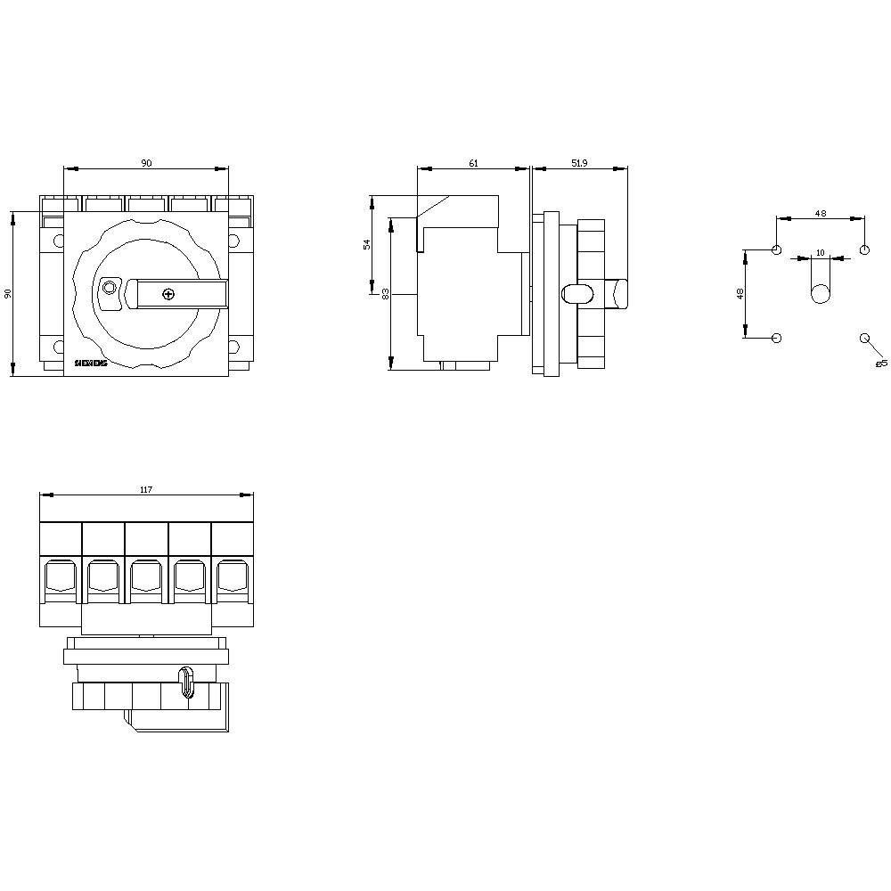 Technical drawing of a switch with dimensions: 90 mm width, 61 mm depth, 80 mm height, showing mounting view and detailed view.