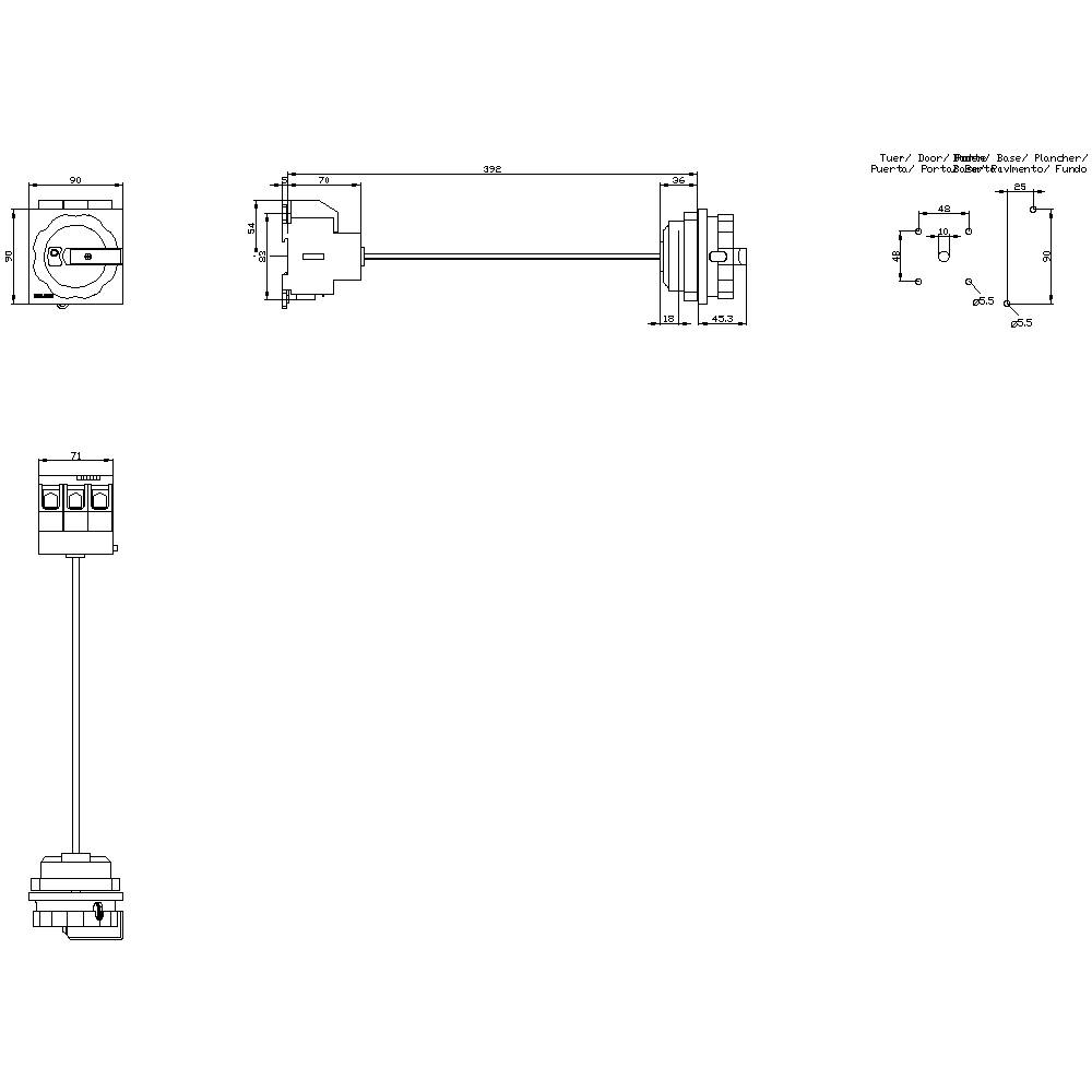 Technical drawing of an electrical connector with dimensions and circuit diagrams showing connection configurations.