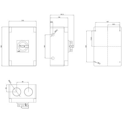 Technical drawing of a rectangular device from different views. Dimensions are specified in millimetres.