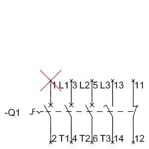 Circuit diagram of an electrical system with a cross marking contact L. Connection from L1 to L3 and T1 to T3 visible.