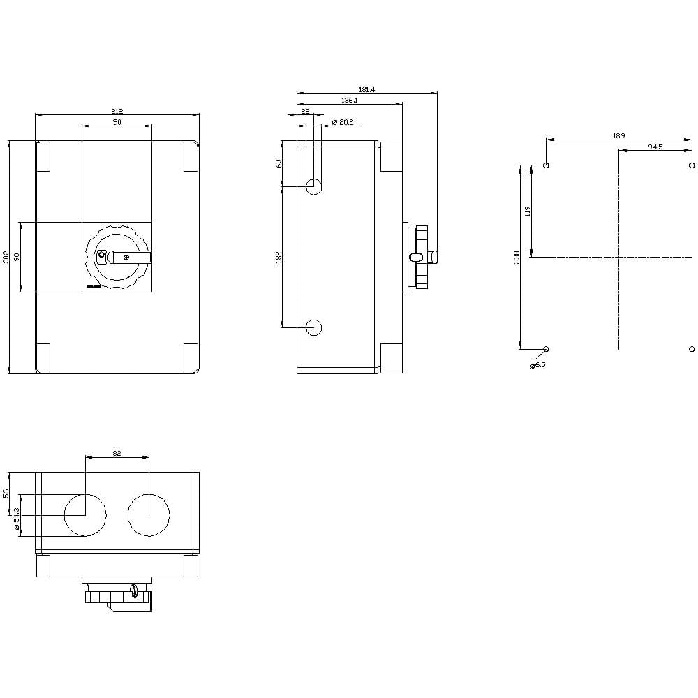 'Technical drawing of a rectangular device with connections and dimensions in millimetres. Front, side, and top views.'