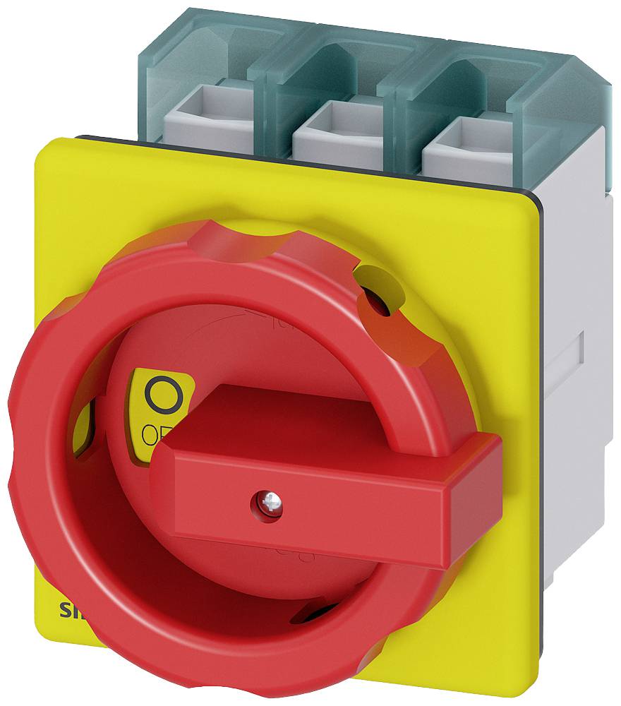 A red emergency stop switch on a yellow background. The switch is in the 'off' position. Green and grey connections are visible in the background.