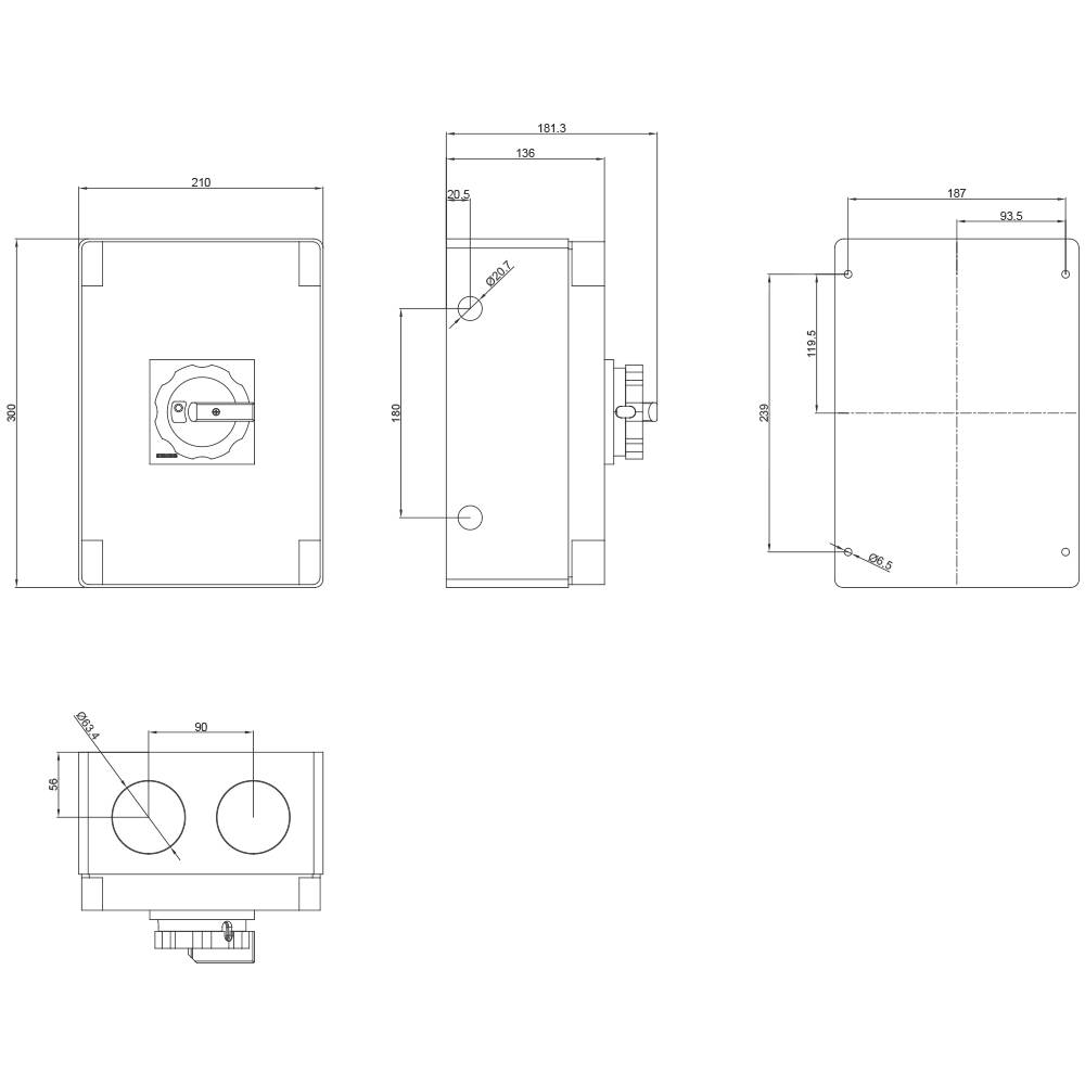 Technical drawing of a rectangular enclosure with dimensions. Front view, side view, top view and perspective details shown.