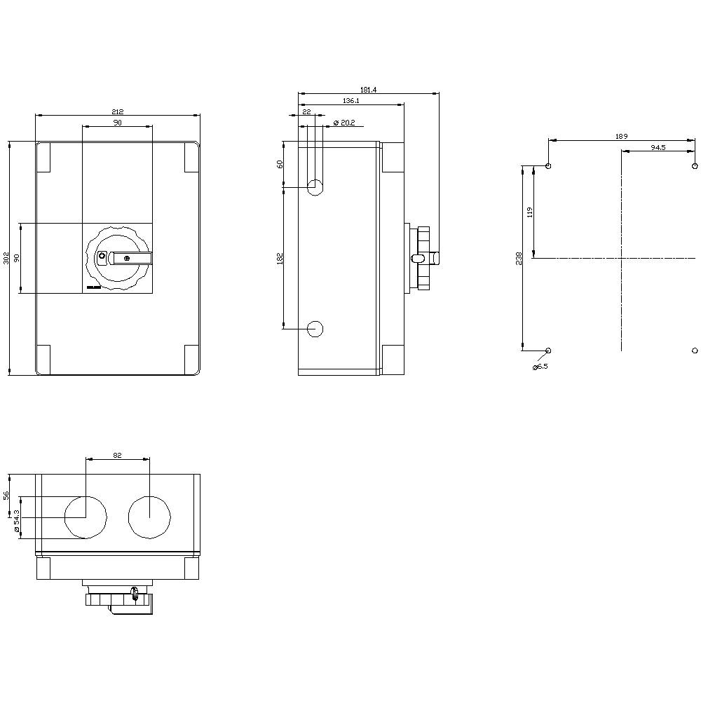 Technical drawing of a rectangular device with dimensions and details of connections and mounting points from various perspectives.