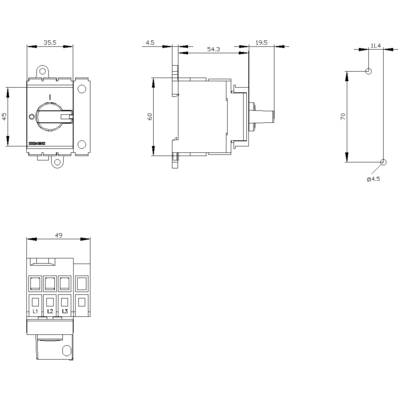 'Technical drawing of an electrical switch. Dimensions: Height 60 mm, Width 35.5 mm, Depth 54.3 mm. Drill holes: Ø 4.5 mm.'