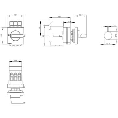 Technical drawing shows the dimensions and side views of an electrical switch, including front, side, and top views.