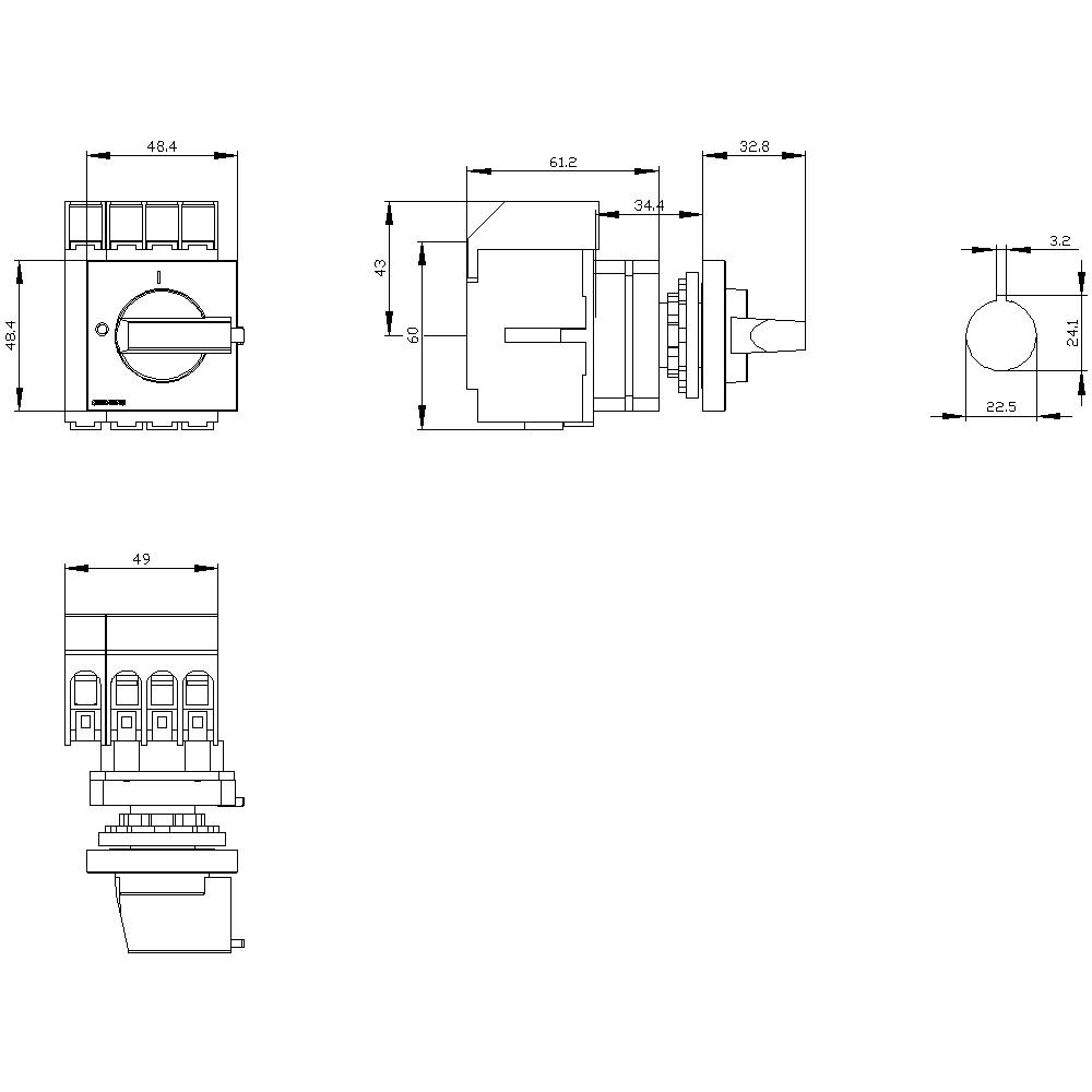 Technical drawing of a switch with front, side, and top views, including dimensions in millimetres. Main view top left.