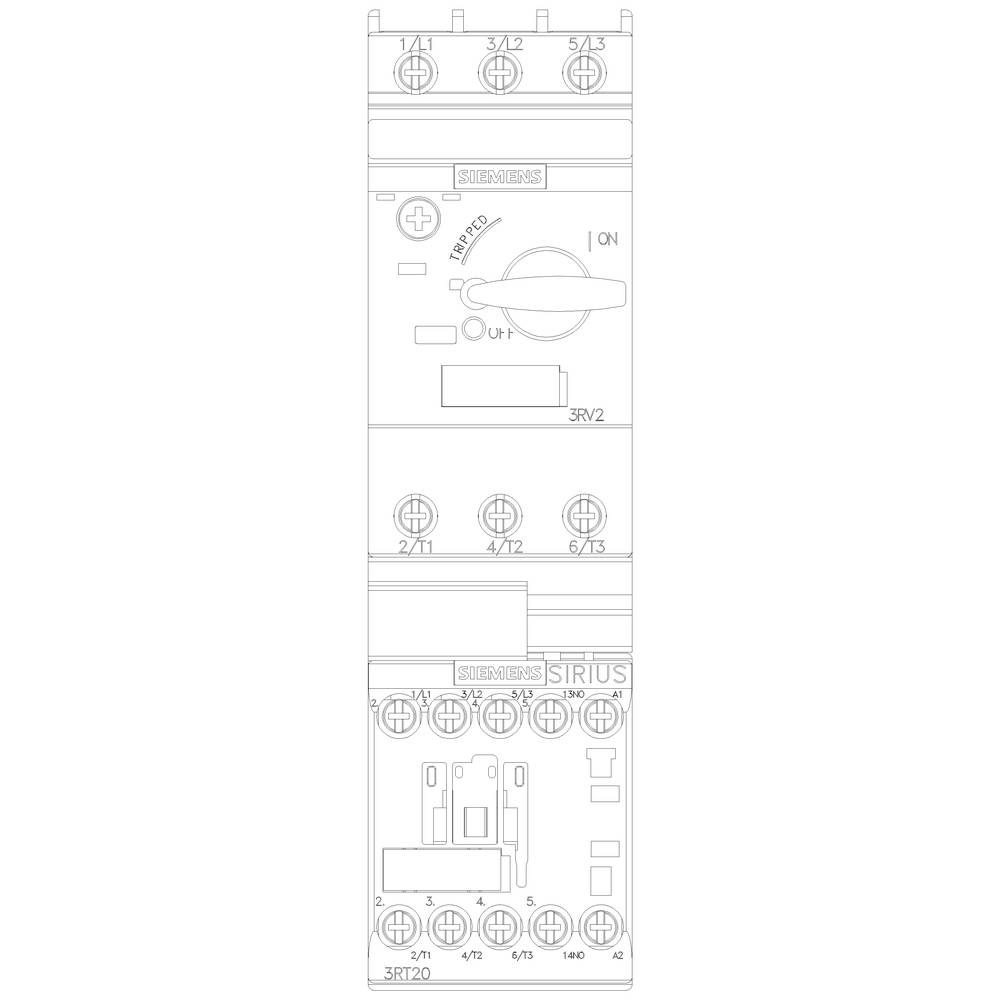 A technical drawing of an electrical switch and overload switch, with various connections and a rotary knob for operation.