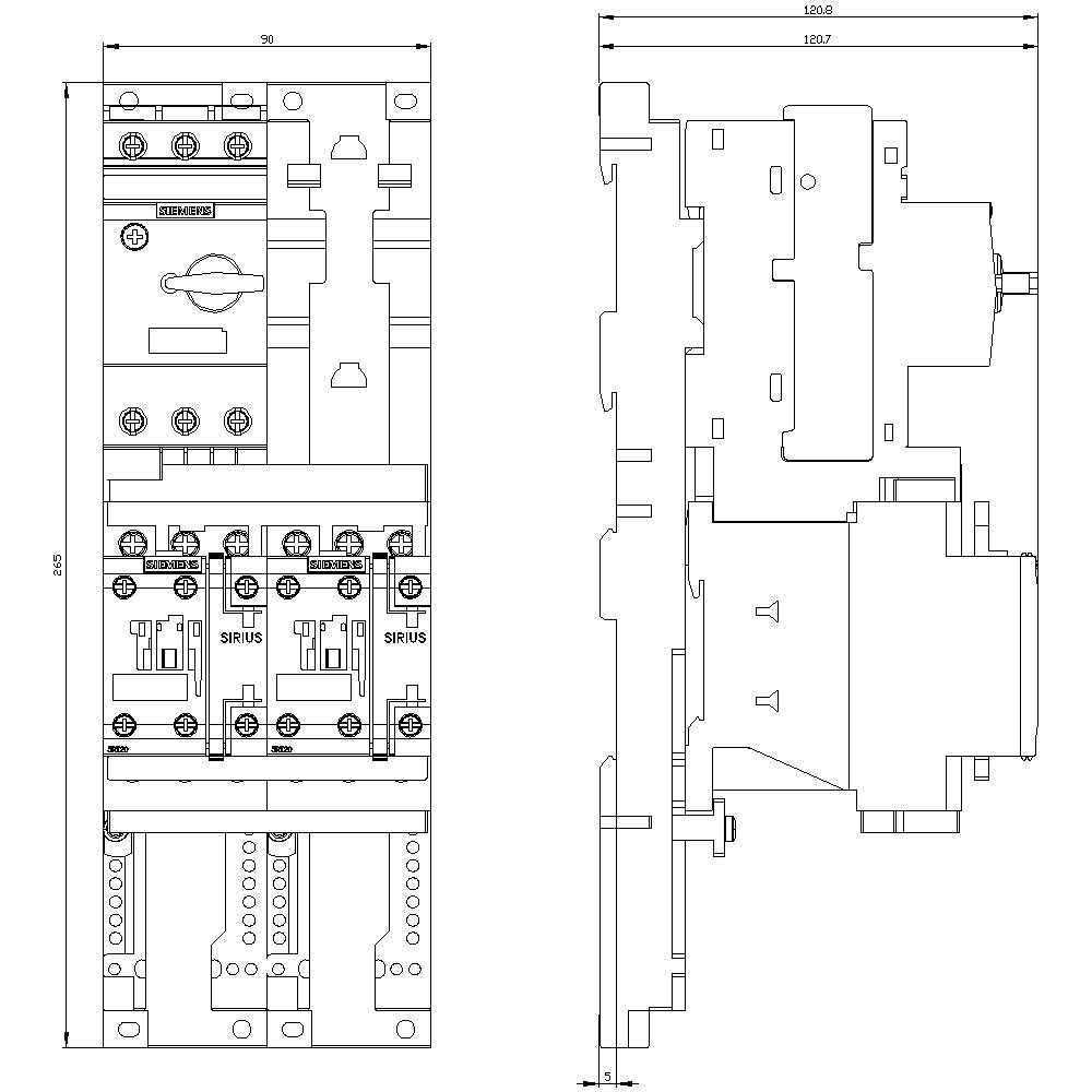 Technical drawing of an electrical switchgear with front and side view. Shows components and dimensions for mounting purposes.