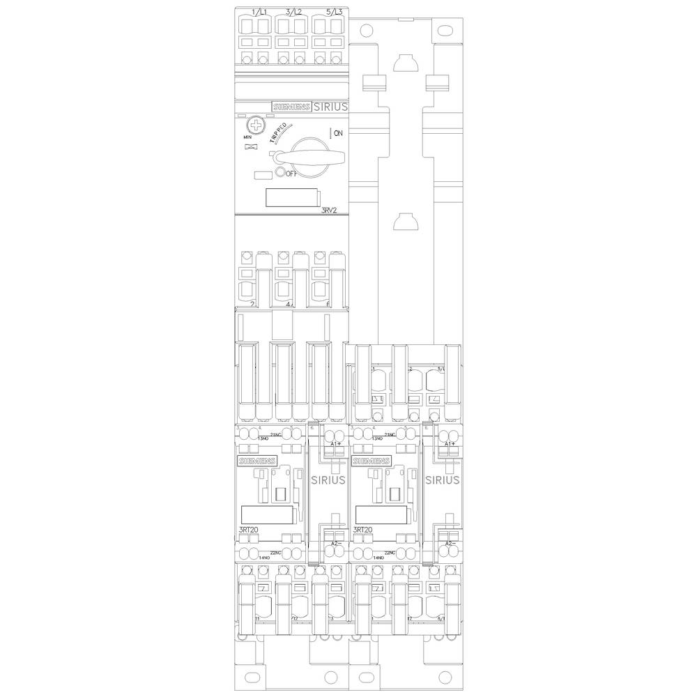 Technical drawing of an electrical circuit diagram with circuit breakers, power switches, and SIRIUS components.