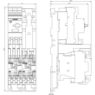 Technical drawing of an electrical switchgear with switches and fuses, front and side view, detailed dimensions shown.