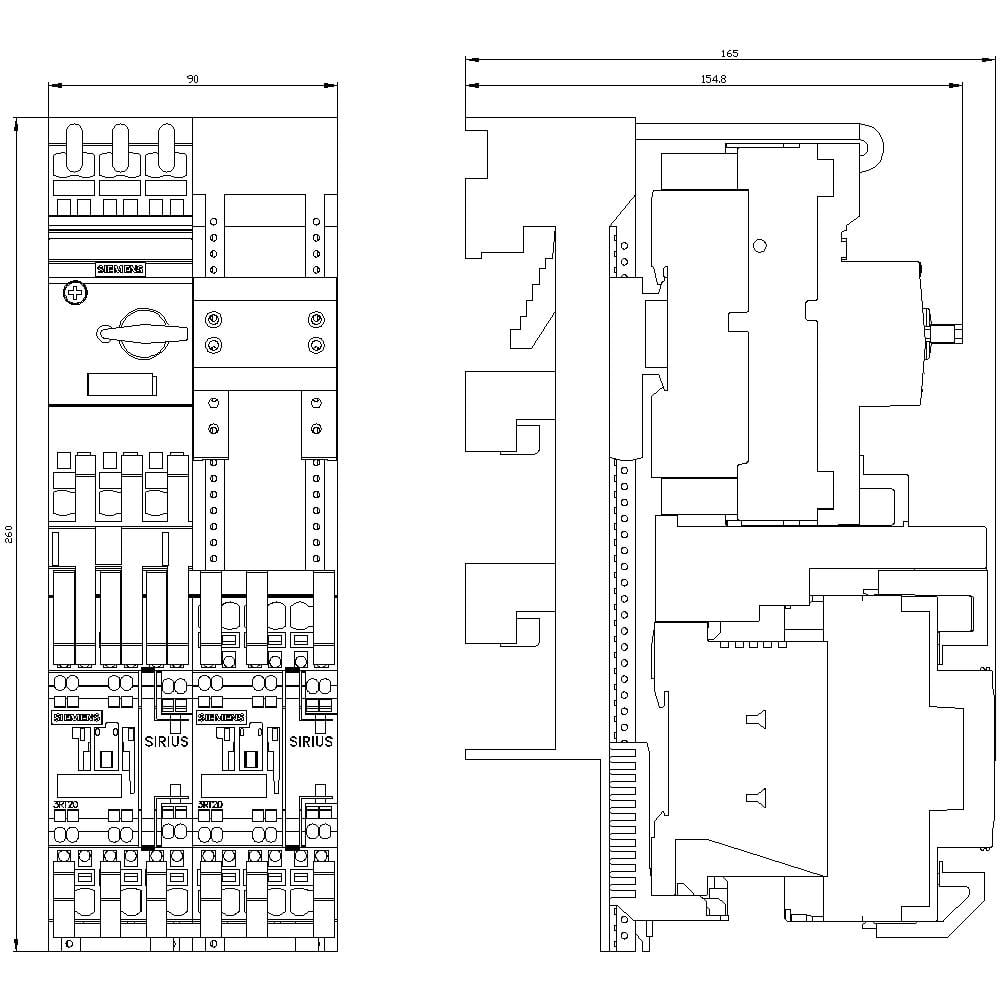 A technical drawing of an electrical control panel shows wired fuses, switches, and connections in front and side view.