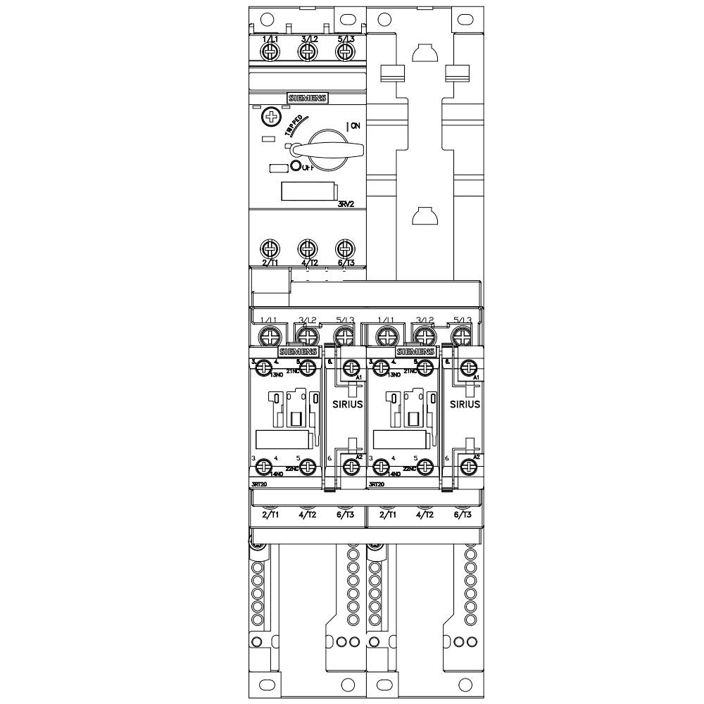 Schematic of an electrical circuit diagram with switches and contactors. At the top, there is a main switch, below which are three Sirius contactors.