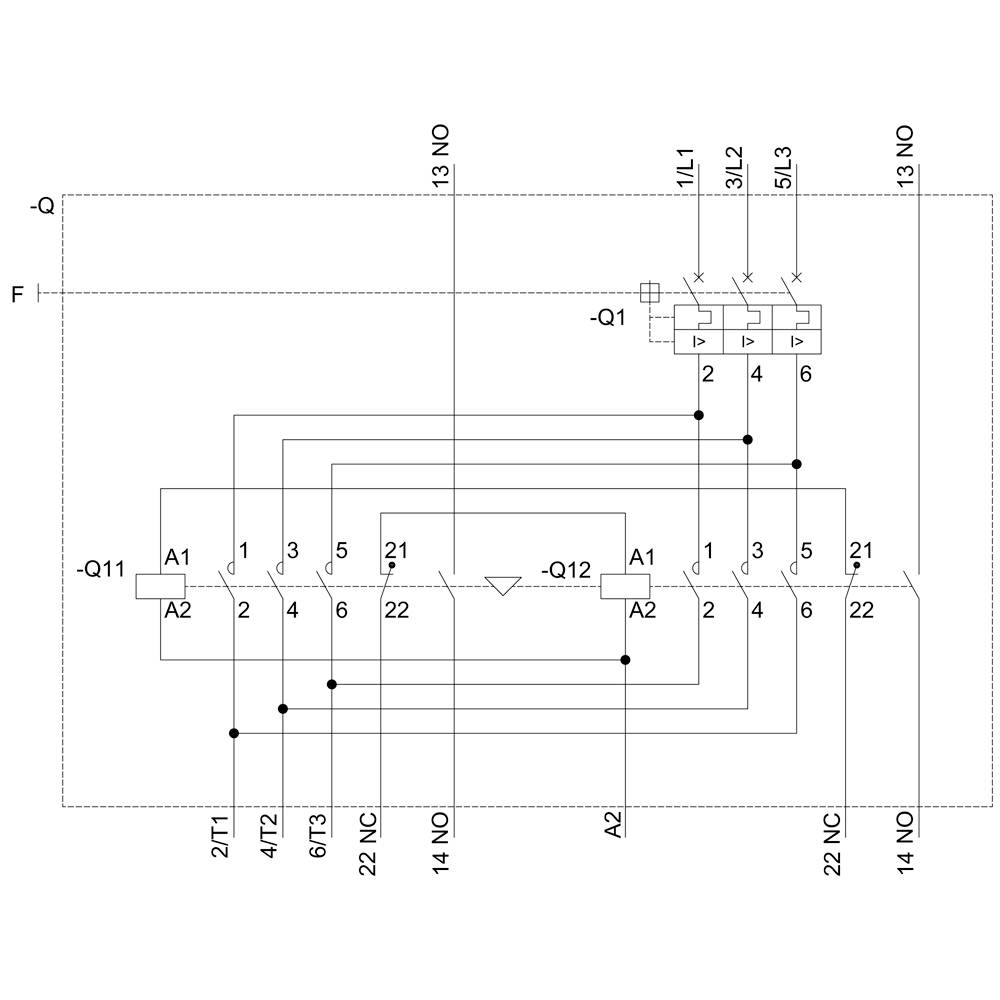 'Circuit diagram of an electrical control system with relays and connections. Main components: Q1, Q11, Q12. Current paths and contact points are marked.'