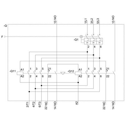 'Circuit diagram of an electrical control system with relays and connections. Main components: Q1, Q11, Q12. Current paths and contact points are marked.'