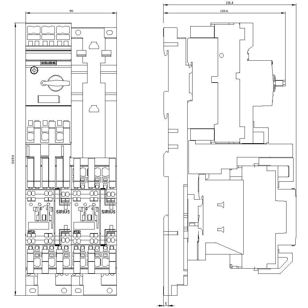 Technical drawing of an electronic switchgear with front and side views. Shows multiple circuits and components.