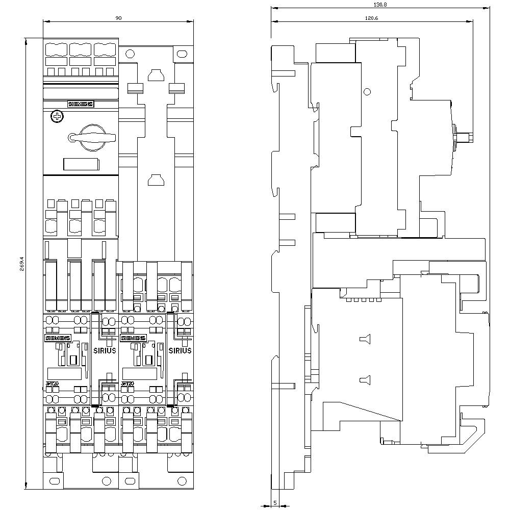 Technical drawing of an electrical switch with front and side views. Circuit details and dimensions are shown.