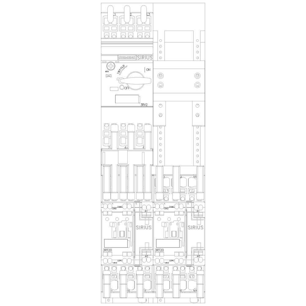 Technical drawing of a control panel with switches, fuses, and SIRIUS components.