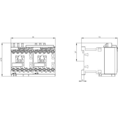 Technical drawing of two adjacent electrical components with dimensional specifications in front and side view.