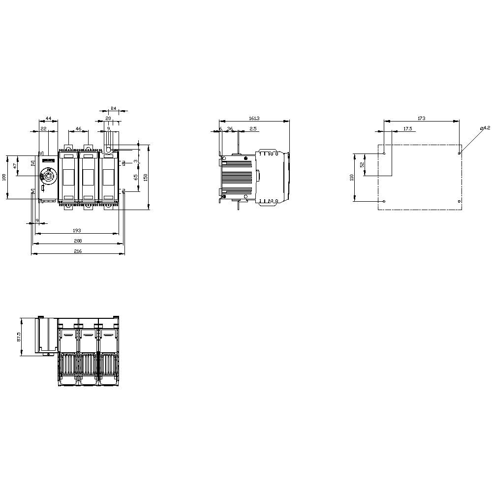 Technical drawing of an electrical control cabinet with multiple views, dimensions, and details of the housing arrangement.